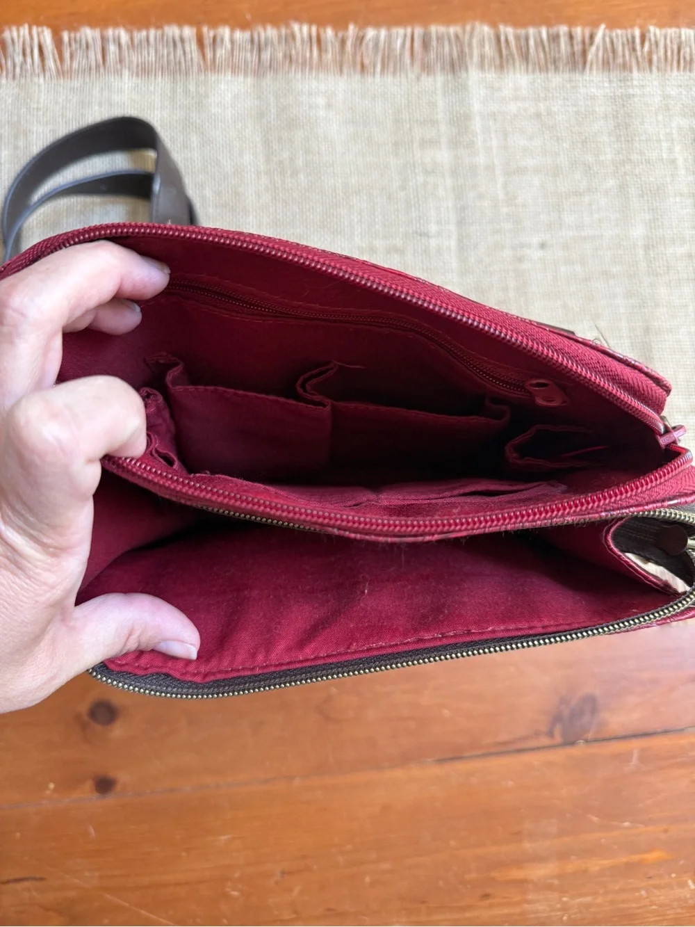 Relic Burgundy Paisley Embossed Leather Messenger Bag with Dark Brown Strap
